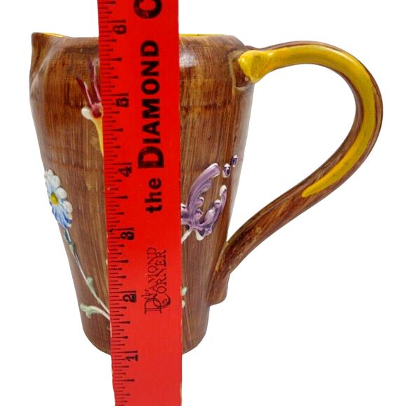 Italian Pottery Hand Painted Pitcher Raised Relief Flowers Brown Faux Wood - Picture 5 of 10